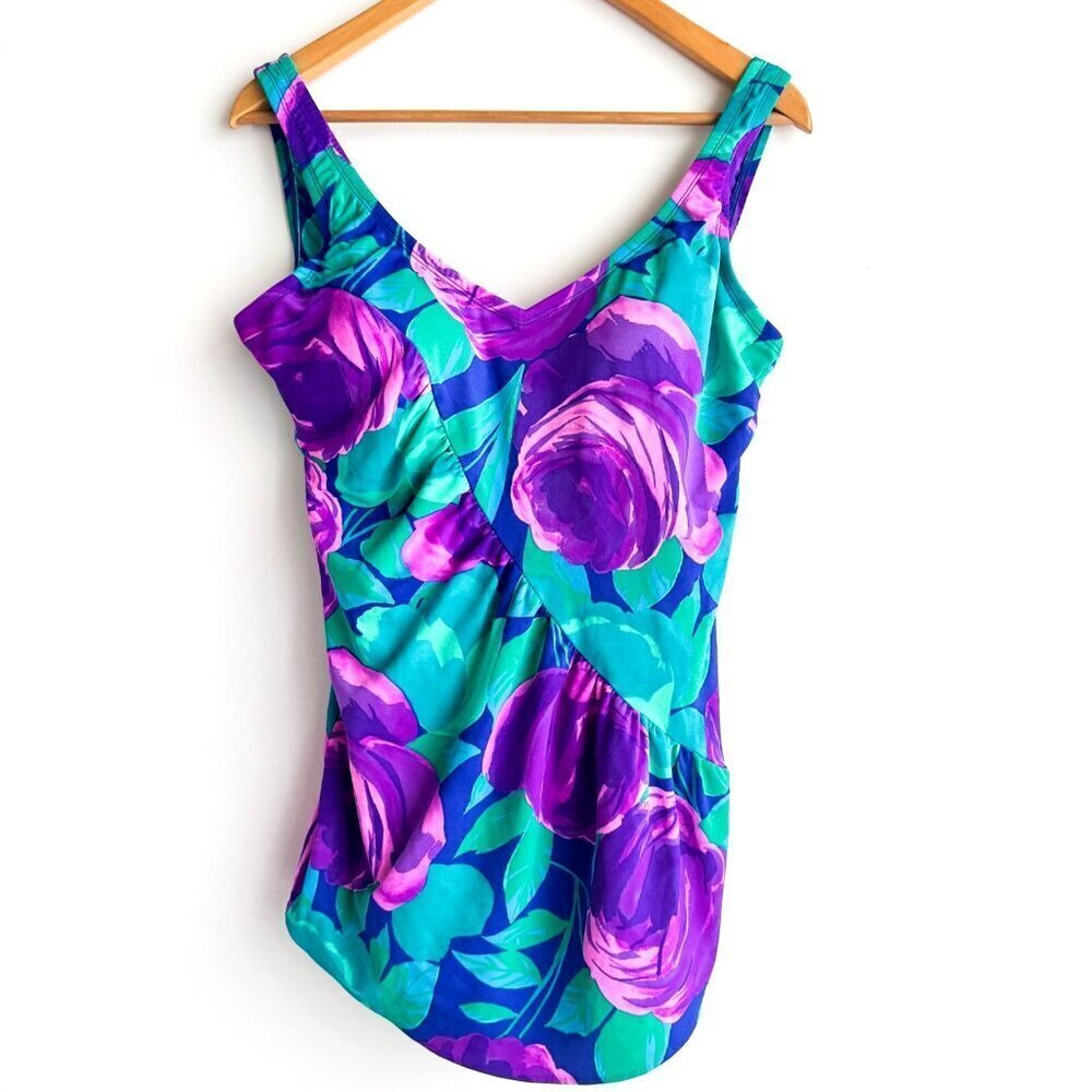 Vintage Blue Surf Floral Teal Purple One Piece Modest Swimsuit 42/L